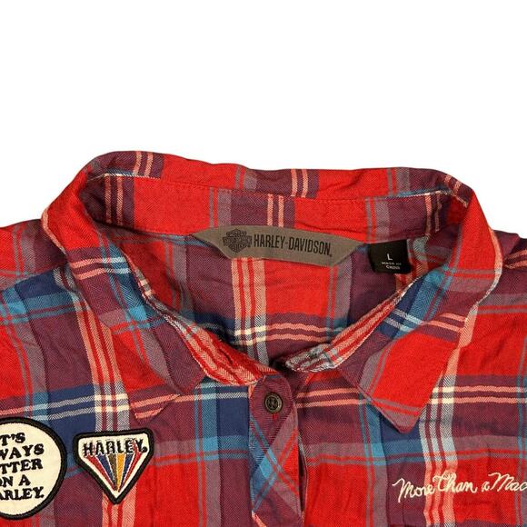 Harley-Davidson Red Plaid Short Sleeve Patch Flannel - Picture 4 of 5